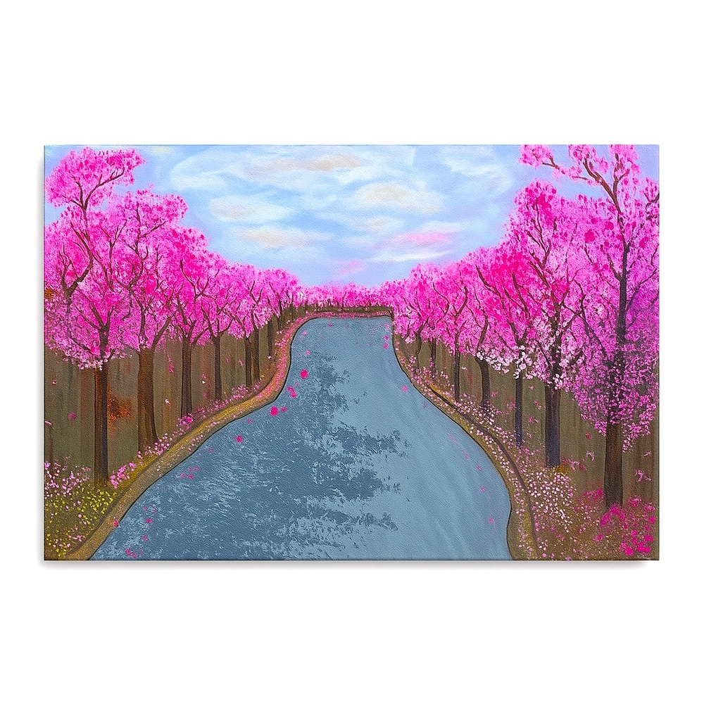 Blush Pathway: Pink and Blue Cherry Blossom Painting Art - 18x24 in